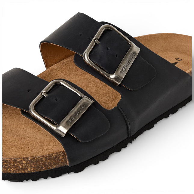 Tamaris Men's Black Leather Slip-On Footbed Slipper Sandals