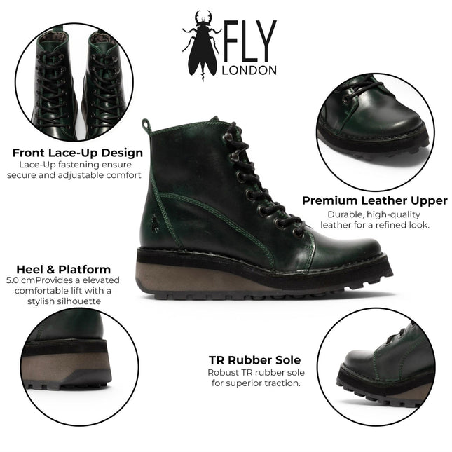 Fly London Womens Green Leather Lace-Up Ankle Boots - HAZI147