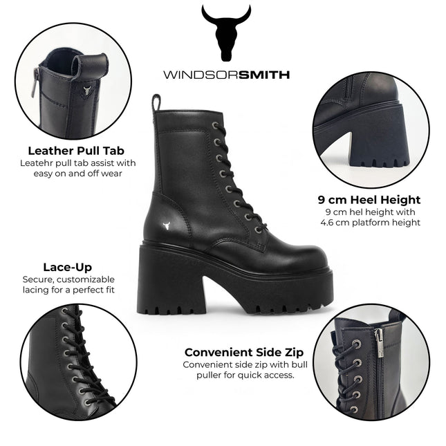 Windsorsmith Womens Black Leather Platform Ankle Punk Boots - Totally
