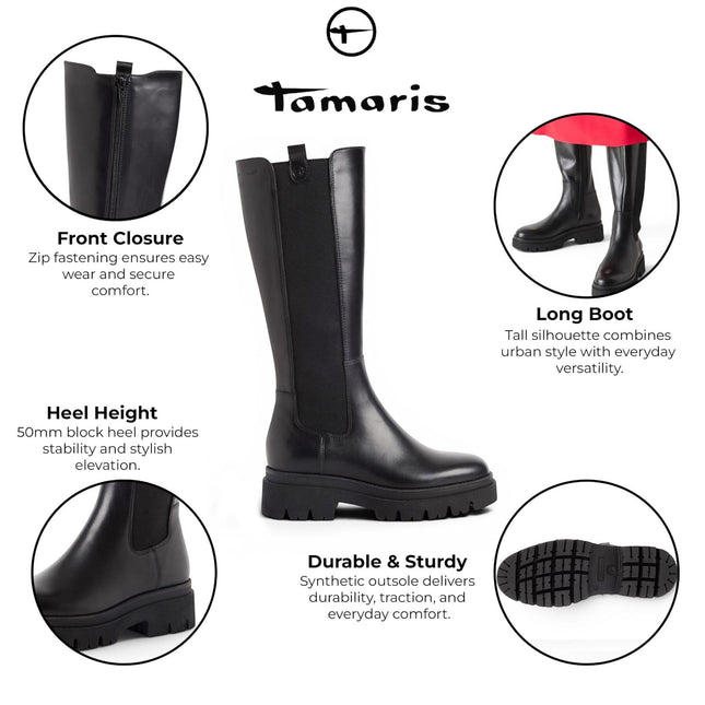 Tamaris Women’s Black Leather Knee High Platform Heel Long Boots - 25608-41