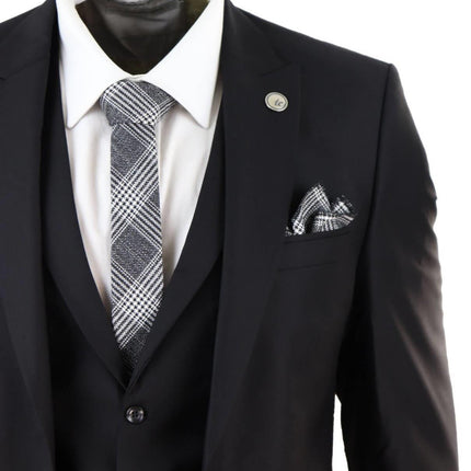 New Mens 3 Piece Suit Plain Black Classic Tailored Fit Smart Casual 1920s Formal