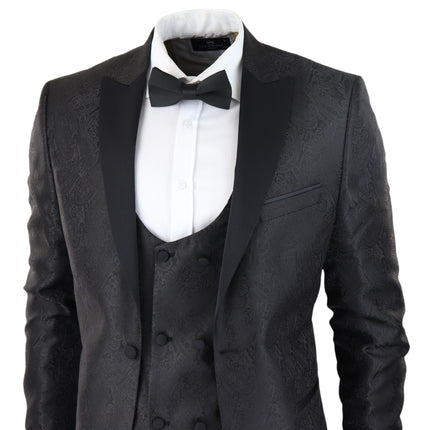 Mens Black Tuxedo Blazer Waistcoat Brocade Satin Paisley Formal Dinner Jacket