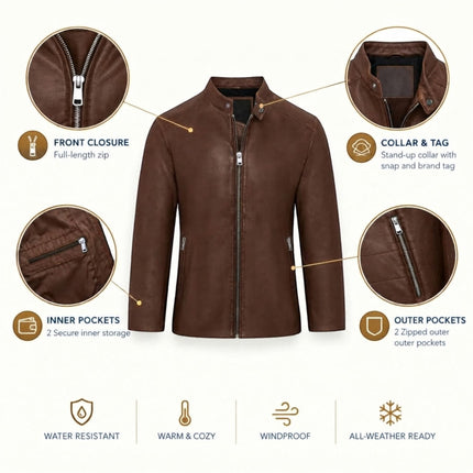 Mens Leather Brown Stand Collar Cafe Racer Biker Jacket - E184