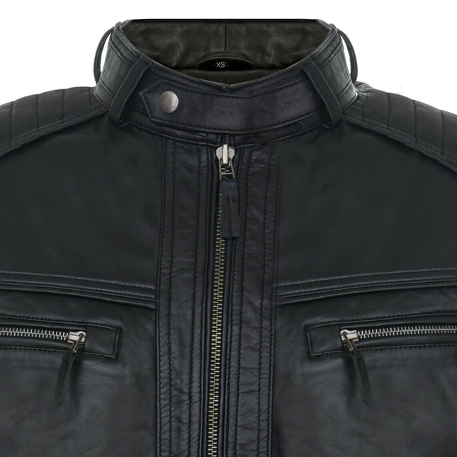 Men's Vintage Black Leather Biker Jacket-Naples