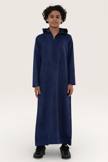 Kids Boys Hooded Eid Navy Blue Moroccan Jubba Robe Ramadan Eid Thobe - K-HM12