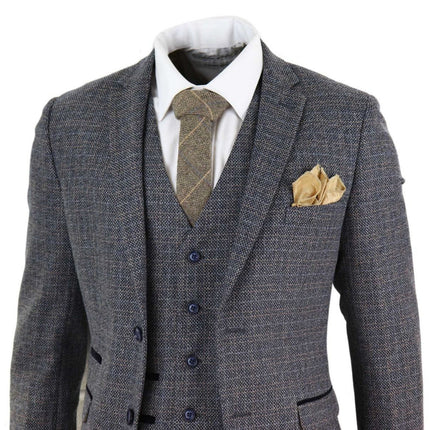 Mens 3 Piece Navy Blue Tweed Check Vintage Retro Suit