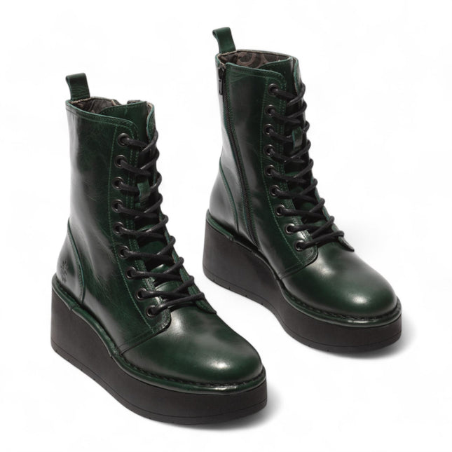Fly London Womens Petrol Green Hait273 Leather Lace-Up Chunky Platform Ankle Boots