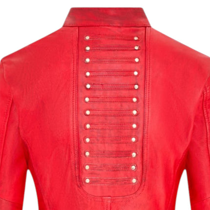 Womens Goth Red Leather Victorian Studded Flare Coat- Ribet