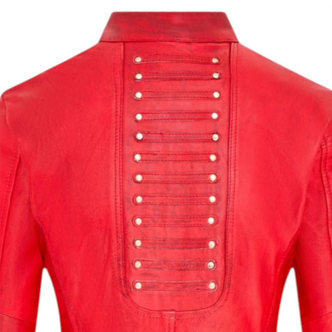 Womens Goth Red Leather Victorian Studded Flare Coat- Ribet