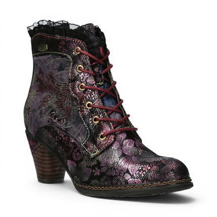Laura Vita Women's Floral Goth Victorian Violet Leather Heeled Ankle Boots - Alcizeeo-190