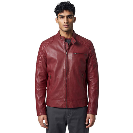 Mens Red Leather Quilted Shoulder Biker Jacket - Rock