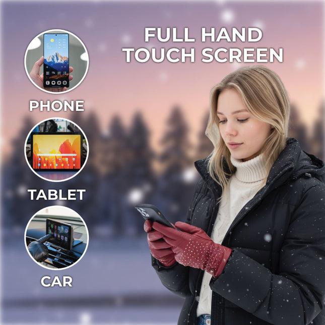 Womens Red Italian Leather Winter Studded Design Soft Wool Lining Gloves - L-GLV-601