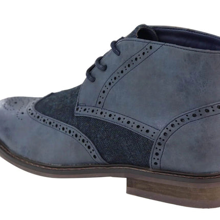 Mens Classic Tweed Oxford Brogue Ankle Boots In Blue Leather