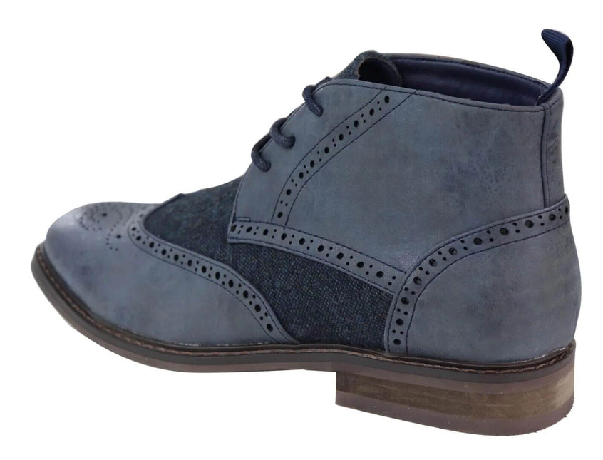 Mens Classic Tweed Oxford Brogue Ankle Boots In Blue Leather