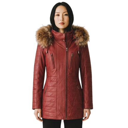 Womens Red Slim Fit Leather Hooded Parka Jacket-Northam