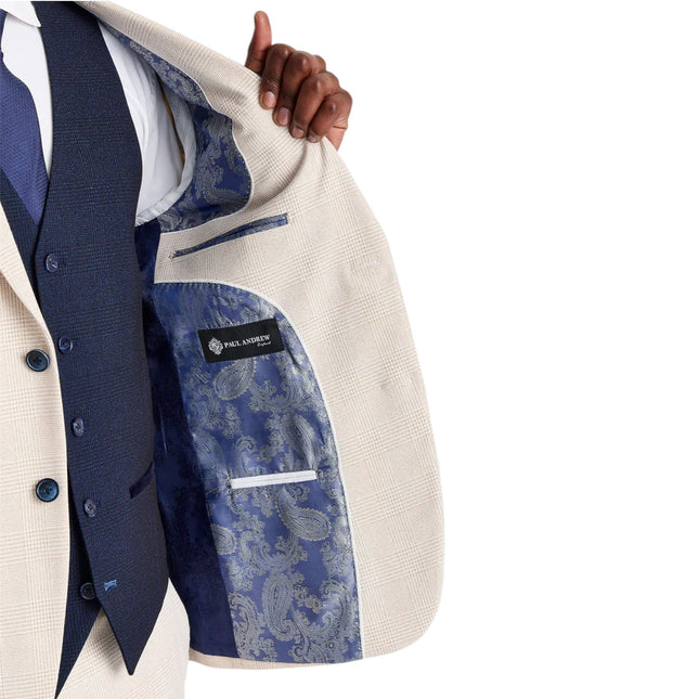 Men's Check Cream Blazer Navy Waistcoat Wedding 3 Piece Suit - Regent