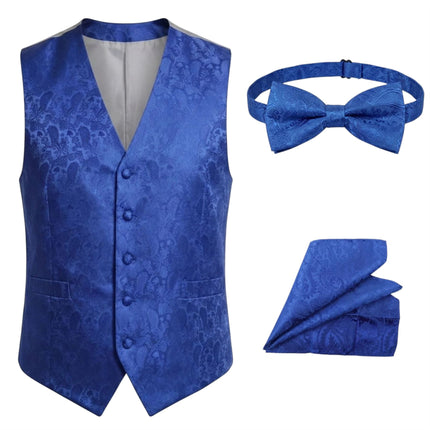 Men's Blue Paisley Floral 3 Piece Waistcoat Bow Tie Hankie Set - Robert