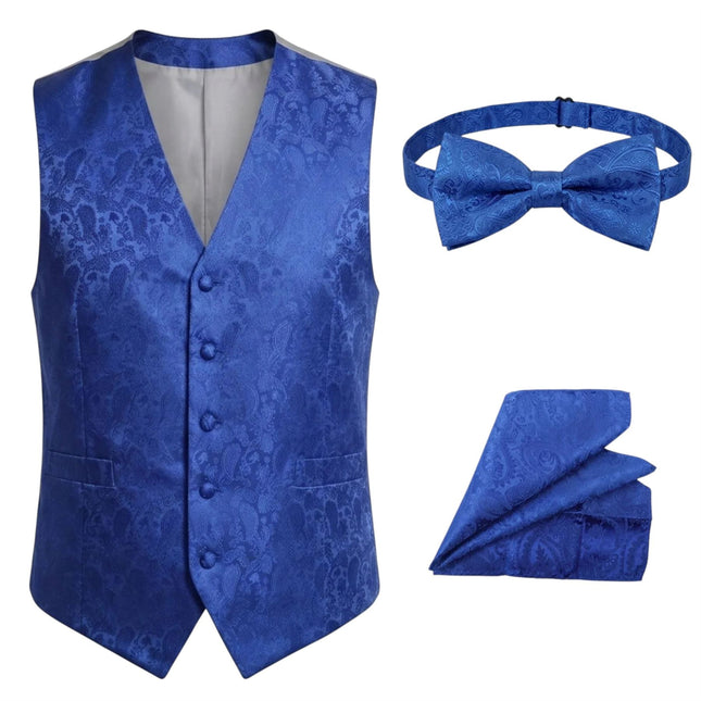 Men's Blue Paisley Floral 3 Piece Waistcoat Bow Tie Hankie Set - Robert