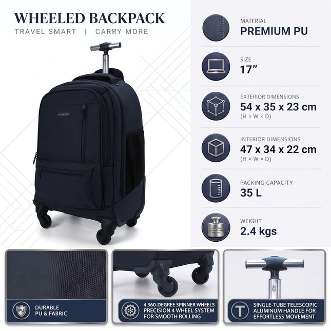 19" Black Wheeled Laptop Backpack Premium PU 4 Wheel Trolley Rucksack