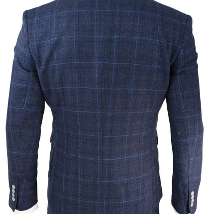 Mens 3 Piece Navy Blue Tweed Check Vintage Retro Classic Suit