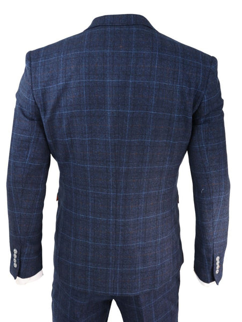 Mens 3 Piece Navy Blue Tweed Check Vintage Retro Classic Suit