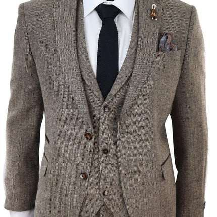 Mens Oak Brown 3 Piece Tweed Suit Vintage Harringbone 1920s Retro Peaky Blinders