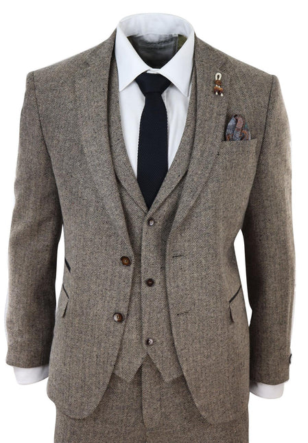 Mens Oak Brown 3 Piece Tweed Suit Vintage Harringbone 1920s Retro Peaky Blinders