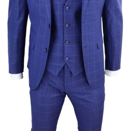Mens 3 Piece Royal Blue Check Vintage Retro Suit