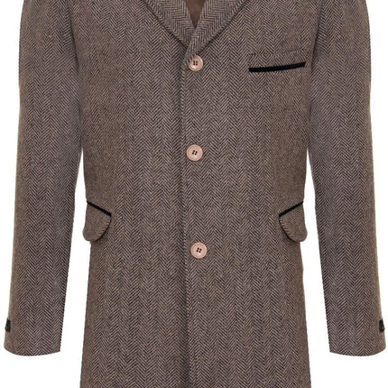 Mens 3/4 Brown Long Crombie Overcoat Jacket Herringbone Tweed Coat Peaky Blinder