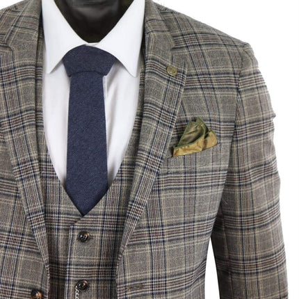Mens 3 Piece Tan Brown Herringbone Check Suit
