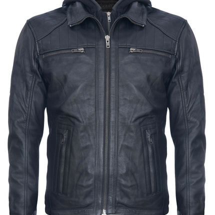 Mens Black Hooded Leather Biker Jacket-Salvador
