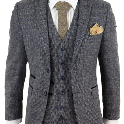 Mens 3 Piece Navy Blue Tweed Check Vintage Retro Suit