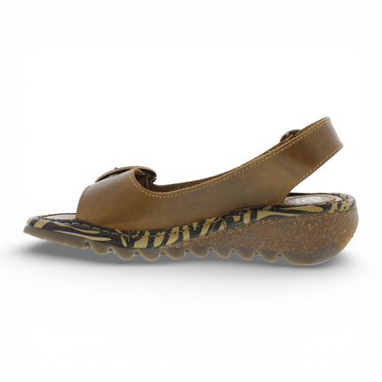 Fly London Women's TRAM723FLY Camel Brown Leather Wedge Sandals
