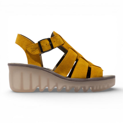 Fly London Women's BAIC621FLY Yellow Suede Leather Wedge Sandals