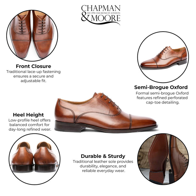 Chapman & Moore Men's Brown Plain Leather Brogue Cap-Toe Oxford Shoes