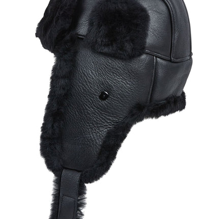Mens Black RAF Aviator Sheepskin B-55 Trapper Hat Winter Warm Leather Navigator Hat