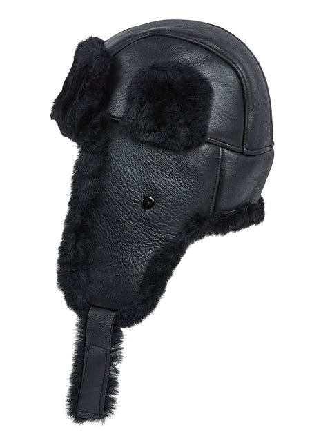 Mens Black RAF Aviator Sheepskin B-55 Trapper Hat Winter Warm Leather Navigator Hat