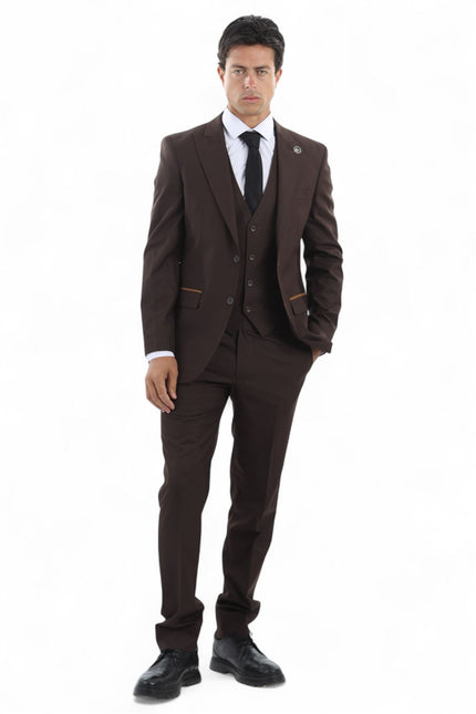 Men's 3 Piece Plain Dark Brown Work Formal Suit