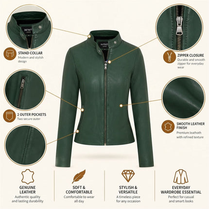 Womens Green Leather Stand Collar Racer Biker Jacket - 181