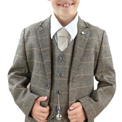 Boys 3 Piece Tan Brown Herringbone Tweed Check Classic  Suit
