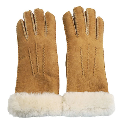 Infinity Leather Womens Tan Sheepskin Suede Gloves with Fur Cuff
