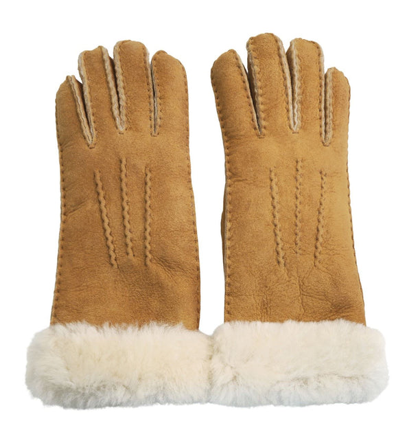 Infinity Leather Womens Tan Sheepskin Suede Gloves with Fur Cuff