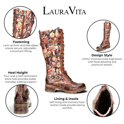Laura Vita Women's Victorian Floral Maroon Leather High Lace-Up Long Boots - Cocrailo-82