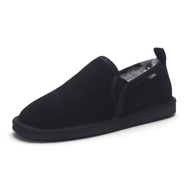 Men's Black Genuine Sheepskin Suede Slipper Winter Moccasins - Cedar