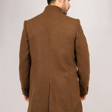 Men's Brown Stand Collar Wool Blend Overcoat