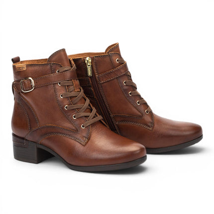 Pikolinos Women's Brown Leather Lace-Up Mid-Heel Ankle Boots - Malaga