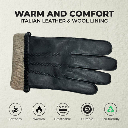 Men’s Black Italian Leather Warm Wool Lining Winter Stich Design Gloves - M-LGV-205