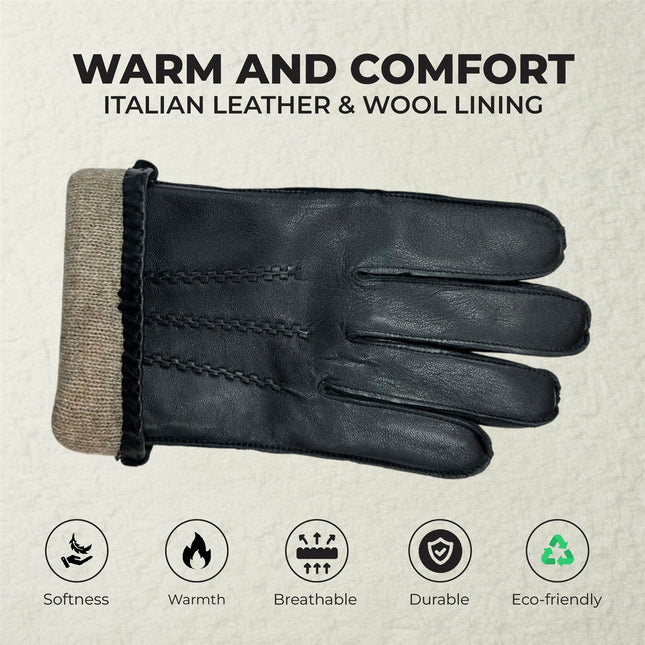 Men’s Black Italian Leather Warm Wool Lining Winter Stich Design Gloves - M-LGV-205