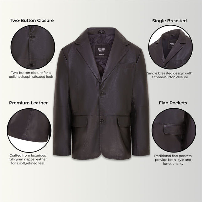 Mens 2 Button Black Leather Blazer Soft Lamb Tailored Leather Coat Italian Leather Jacket