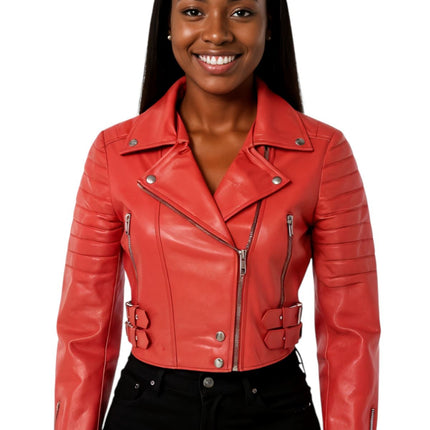 Womens Cropped Brando Leather Biker Jacket-Damascus